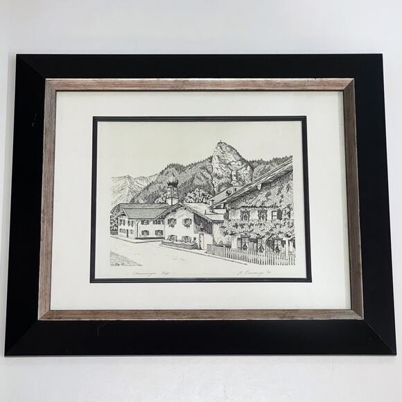 Framed Kofel Oberammergau Germany Signed Drawing Print Passion Play Bavaria Alps - Picture 1 of 10